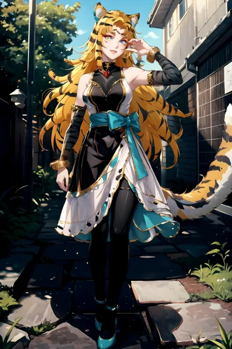 masterpiece, (best quality), vibrant colors ,natural lighting ,RTX, perfect proportions, beautiful, detailed face, (perfect eyes:1.1) ,(photorealistic:1.1), 8k uhd, outdoors, simple background, nara haramaung, 1girl, solo, long hair, smile, large breasts, dress, animal ears, tail, pantyhose, detached sleeves, orange hair, black pantyhose, makeup, animal print, eyeshadow, tiger ears, tiger print, tiger tail, forehead jewel, red eyeshadow, tiger girl, cyan high heels, Standing with one hand reaching up,   <lora:Nara_Haramaung:0.85>