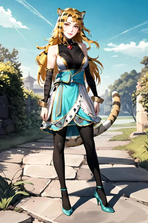masterpiece, (best quality), vibrant colors ,natural lighting ,RTX, perfect proportions, beautiful, detailed face, (perfect eyes:1.1) ,(photorealistic:1.1), 8k uhd, outdoors, simple background, nara haramaung, 1girl, solo, long hair, smile, large breasts, dress, animal ears, tail, pantyhose, detached sleeves, orange hair, black pantyhose, makeup, animal print, eyeshadow, tiger ears, tiger print, tiger tail, forehead jewel, red eyeshadow, tiger girl, cyan high heels, Walking, pretending to follow a butterfly, <lora:Nara_Haramaung:0.85>