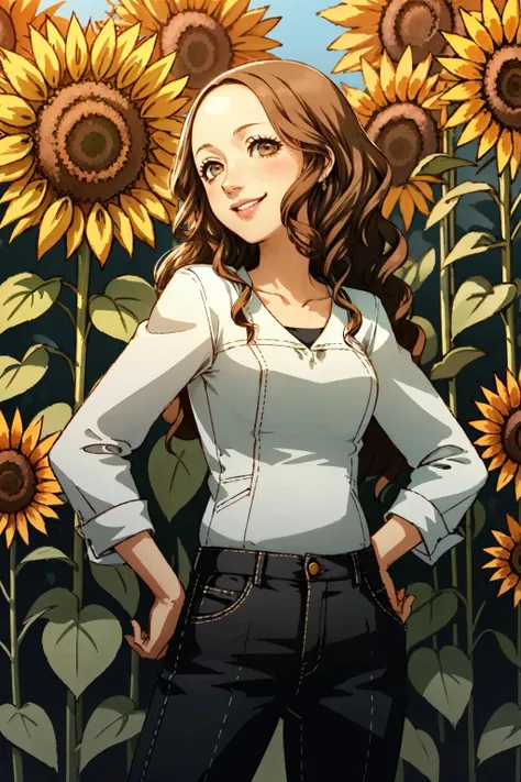 ((masterpiece, best quality))
<lora:Persona4AiEbihara:0.8>
Persona4AiEbihara, 1girl, solo, brown hair, brown eyes, surrounded by sunflowers in a bright field, smiling, with hands on hips