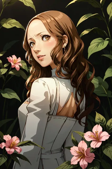 ((masterpiece, best quality))
 <lora:Persona4AiEbihara-000005:0.8>
Persona4AiEbihara, 1girl, solo, brown hair, brown eyes, in a lush jungle with vibrant flowers, from behind, looking back