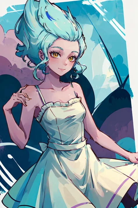 best quality, (masterpiece),(ultra-detailed), (high quality), (high resolution), <lora:hebe:0.8>,dlh, hebe, white dress, pink skin, yellow eyes, aqua hair, short hair, colored skin, streaked hair,