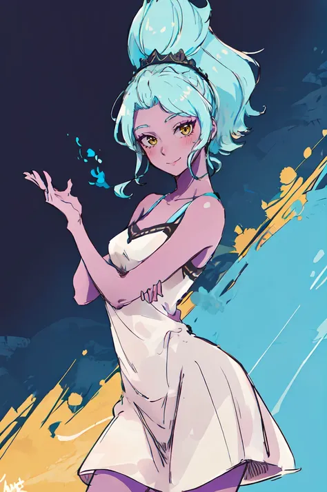 ultra detailed, masterpiece, best quality,
solo,
soft smile, light smile, cowboy shot,
<lora:hebe:0.75> hebe, dlh, colored skin, yellow eyes, purple skin, aqua hair, dress, short hair, <lora:Mdf_anStyle:0.75> mdf_an,