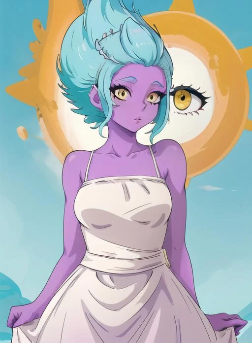 best quality, (masterpiece),(ultra-detailed), (high quality), (high resolution), <lora:hebe:0.8>,dlh, hebe, white dress, purple skin, yellow eyes, aqua hair, colored skin, short hair,