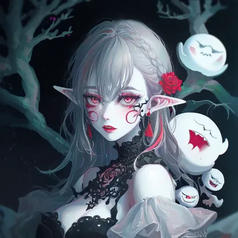 ((multiple boo)), forest, moonlight, [fog:0.5], [horror \(theme\):0.5],  a [goth |barbarous |mysterious] [mature |young] gothic female with [curvy |thick |tone |curvy |thick |muscle] figure wearing [goth clothes | western clothes |intricate clothes |corset |loose sleeves] mix [dress |frill dress |indicate dress |belt |frill |cotton dress |short dress] and [lustful eye |creepy eyes |beautiful eye] red iris mix [lush lips | perky lips] and with white and black hair mix with light blue streaked hair, long hair [ hair over eye |braid | wavy hair] mix [messy hair |curly hair |messy hair] and [pointy ear |elf ears |long ears] and [star print |flower print] on clothes and wearing [make up |scaly | jewelry] , intricate tattoos, ((asymmetrical pose)), make up, blush, chromatic aberration, illustration,
 <lora:Boo4:1>