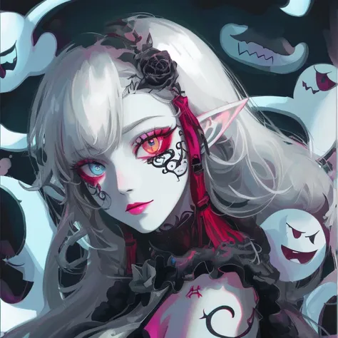 ((multiple boo)), forest, moonlight, [fog:0.5], [horror \(theme\):0.5],  a [goth |barbarous |mysterious] [mature |young] gothic female with [curvy |thick |tone |curvy |thick |muscle] figure wearing [goth clothes | western clothes |intricate clothes |corset |loose sleeves] mix [dress |frill dress |indicate dress |belt |frill |cotton dress |short dress] and [lustful eye |creepy eyes |beautiful eye] red iris mix [lush lips | perky lips] and with white and black hair mix with light blue streaked hair, long hair [ hair over eye |braid | wavy hair] mix [messy hair |curly hair |messy hair] and [pointy ear |elf ears |long ears] and [star print |flower print] on clothes and wearing [make up |scaly | jewelry] , intricate tattoos, ((asymmetrical pose)), make up, blush, chromatic aberration, illustration,
 <lora:Boo4:1>