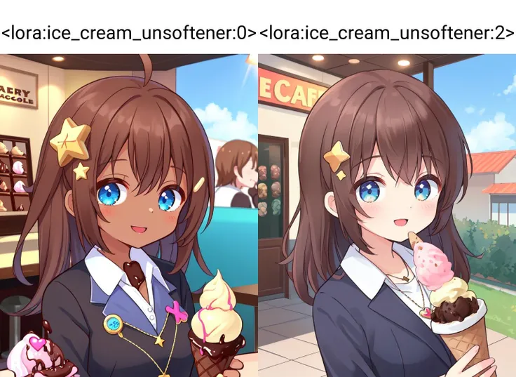 (chocolate ice cream cup:1.4), 1girl, smile, cafe, <lora:ice_cream_unsoftener:0>,  anime, star_necklace, star_hair_ornament, heart, bushy hair, business_suit, brown_hair