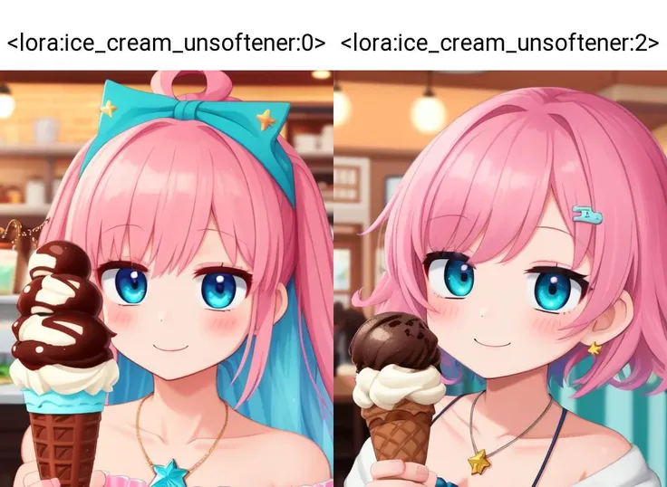 (chocolate ice cream cup:1.2), 1girl, holding a spoon, smile, cafe, <lora:ice_cream_unsoftener:0>, pink_hair, aqua_eyes, anime, star_necklace, , star_hair_ornament, heart, bushy hair