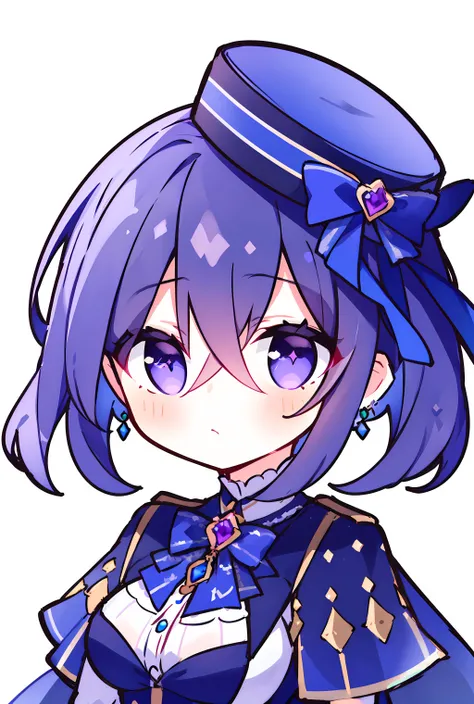 (masterpiece, best quality:1.3),clorinde, 1girl, ,hat, purple eyes, gloves, jewelry, looking at viewer, white gloves, (gun:0.8), bow, earrings, purple hair, hair over one eye, closed mouth, blue bow, blue headwear, bangs, bowtie, ,profile, <lora:clorinde0ax03:0.75>,