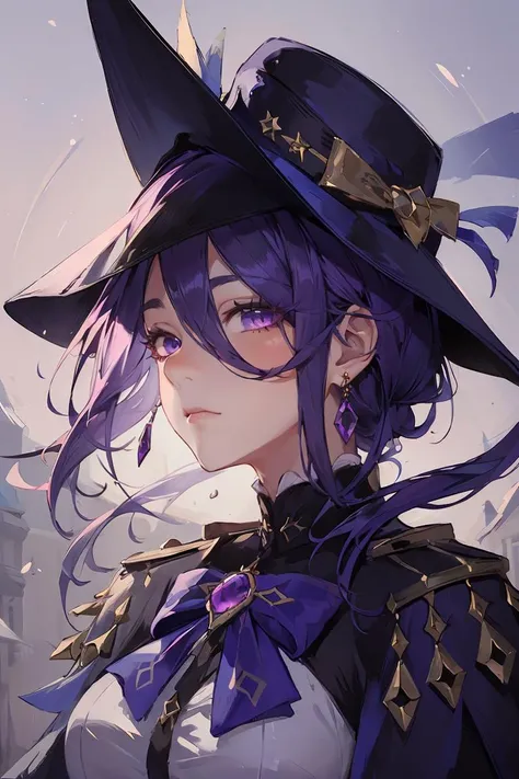 oil painting,Impressionism,(masterpiece, best quality:1.1),clorinde, 1girl, ,hat, purple eyes, gloves, jewelry, looking at viewer, white gloves, (gun:0.8), bow, earrings, purple hair, hair over one eye, closed mouth, blue bow, blue headwear, bangs, bowtie, ,profile, <lora:clorinde0ax03:0.75>,