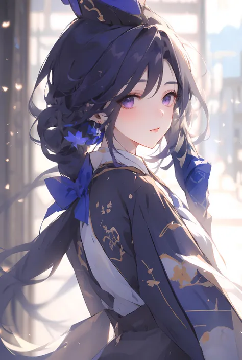 (masterpiece, best quality:1.3),clorinde, 1girl, ,hat, purple eyes, gloves, jewelry, looking at viewer, white gloves, (gun:0.8), bow, earrings, purple hair, hair over one eye, closed mouth, blue bow, blue headwear, bangs, bowtie, ,profile, <lora:clorinde0ax03:0.75>,