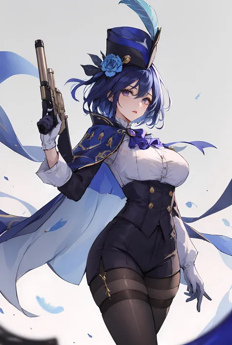(masterpiece, best quality:1.3), clorinde, 1girl, weapon, solo, gun, long hair, hat, holding, gloves, breasts, white gloves, purple eyes, holding weapon, blue hair, holding gun, hat feather, pantyhose, looking at viewer, thigh strap, ascot, shirt, handgun, large breasts, shorts, cowboy shot, long sleeves, cape,   <lora:clorinde0ax03:0.7>