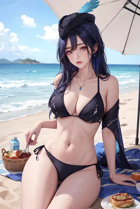 (masterpiece, best quality:1.3), clorinde, 1girl, swimsuit, hat, breasts, solo, bikini, long hair, navel, blue hair, wet, holding, jewelry, looking at viewer, sitting, food, purple eyes, black bikini, water, beach, see-through, cleavage, necklace, parted lips, stomach, large breasts, plate, thighs, hat feather, very long hair, collarbone, arm support, off shoulder, hair between eyes, nail polish, wet clothes, shirt, bangs, groin, <lora:clorinde0ax03:0.7>