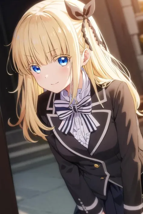 julietpersia, <lora:juliet persia s1-lora-nochekaiser:1>,
juliet persia, long hair, bangs, blue eyes, blonde hair, black ribbon, black bow, hair ribbon, hair bow, smile,
BREAK skirt, shirt, thighhighs, long sleeves, school uniform, jacket, white shirt, pleated skirt, shoes, striped, miniskirt, bowtie, black skirt, red bow, zettai ryouiki, black ribbon, garter straps, blazer, (white jacket:1.5), striped bow, striped bowtie,
BREAK indoors, classroom,
BREAK looking at viewer, (cowboy shot:1.5),
BREAK <lyco:GoodHands-beta2:1>, (masterpiece:1.2), best quality, high resolution, unity 8k wallpaper, (illustration:0.8), (beautiful detailed eyes:1.6), extremely detailed face, perfect lighting, extremely detailed CG, (perfect hands, perfect anatomy),