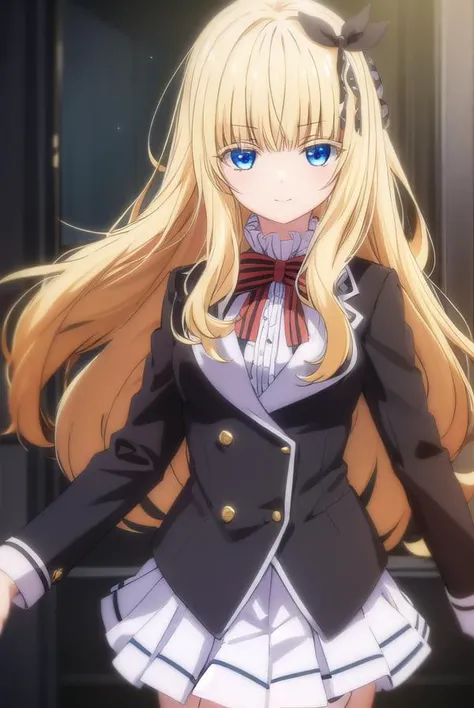 julietpersia, <lora:juliet persia s1-lora-nochekaiser:1>,
juliet persia, long hair, bangs, blue eyes, blonde hair, black ribbon, black bow, hair ribbon, hair bow, smile,
BREAK skirt, shirt, thighhighs, long sleeves, school uniform, jacket, white shirt, pleated skirt, shoes, striped, miniskirt, bowtie, black skirt, red bow, zettai ryouiki, black ribbon, garter straps, blazer, (white jacket:1.5), striped bow, striped bowtie,
BREAK indoors, classroom,
BREAK looking at viewer, (cowboy shot:1.5),
BREAK <lyco:GoodHands-beta2:1>, (masterpiece:1.2), best quality, high resolution, unity 8k wallpaper, (illustration:0.8), (beautiful detailed eyes:1.6), extremely detailed face, perfect lighting, extremely detailed CG, (perfect hands, perfect anatomy),