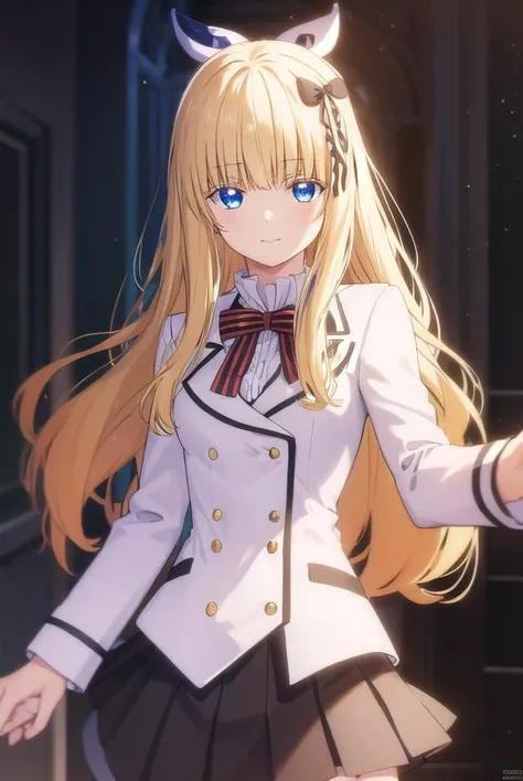 julietpersia, <lora:juliet persia s1-lora-nochekaiser:1>,
juliet persia, long hair, bangs, blue eyes, blonde hair, black ribbon, black bow, hair ribbon, hair bow, smile,
BREAK skirt, shirt, thighhighs, long sleeves, school uniform, jacket, white shirt, pleated skirt, shoes, striped, miniskirt, bowtie, black skirt, red bow, zettai ryouiki, black ribbon, garter straps, blazer, (white jacket:1.5), striped bow, striped bowtie,
BREAK indoors, classroom,
BREAK looking at viewer, (cowboy shot:1.5),
BREAK <lyco:GoodHands-beta2:1>, (masterpiece:1.2), best quality, high resolution, unity 8k wallpaper, (illustration:0.8), (beautiful detailed eyes:1.6), extremely detailed face, perfect lighting, extremely detailed CG, (perfect hands, perfect anatomy),