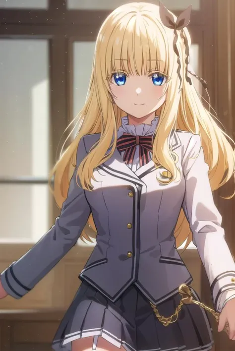 julietpersia, <lora:juliet persia s1-lora-nochekaiser:1>,
juliet persia, long hair, bangs, blue eyes, blonde hair, black ribbon, black bow, hair ribbon, hair bow, smile,
BREAK skirt, shirt, thighhighs, long sleeves, school uniform, jacket, white shirt, pleated skirt, shoes, striped, miniskirt, bowtie, black skirt, red bow, zettai ryouiki, black ribbon, garter straps, blazer, (white jacket:1.5), striped bow, striped bowtie,
BREAK indoors, classroom,
BREAK looking at viewer, (cowboy shot:1.5),
BREAK <lyco:GoodHands-beta2:1>, (masterpiece:1.2), best quality, high resolution, unity 8k wallpaper, (illustration:0.8), (beautiful detailed eyes:1.6), extremely detailed face, perfect lighting, extremely detailed CG, (perfect hands, perfect anatomy),