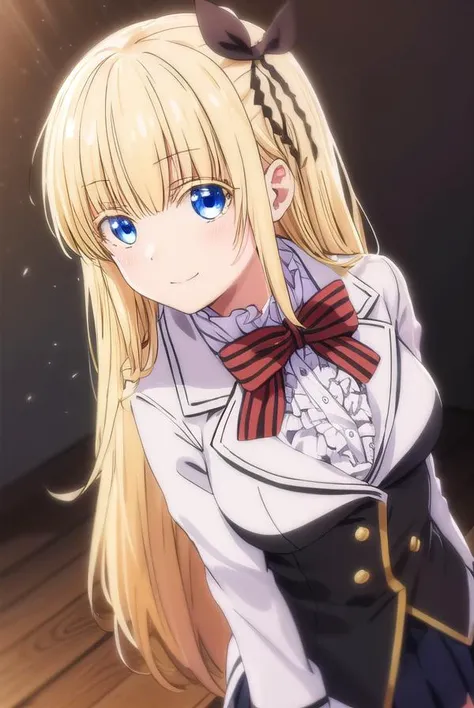 julietpersia, <lora:juliet persia s1-lora-nochekaiser:1>,
juliet persia, long hair, bangs, blue eyes, blonde hair, black ribbon, black bow, hair ribbon, hair bow, smile,
BREAK skirt, shirt, thighhighs, long sleeves, school uniform, jacket, white shirt, pleated skirt, shoes, striped, miniskirt, bowtie, black skirt, red bow, zettai ryouiki, black ribbon, garter straps, blazer, (white jacket:1.5), striped bow, striped bowtie,
BREAK indoors, classroom,
BREAK looking at viewer, (cowboy shot:1.5),
BREAK <lyco:GoodHands-beta2:1>, (masterpiece:1.2), best quality, high resolution, unity 8k wallpaper, (illustration:0.8), (beautiful detailed eyes:1.6), extremely detailed face, perfect lighting, extremely detailed CG, (perfect hands, perfect anatomy),