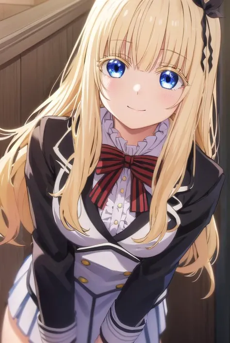 julietpersia, <lora:juliet persia s1-lora-nochekaiser:1>,
juliet persia, long hair, bangs, blue eyes, blonde hair, black ribbon, black bow, hair ribbon, hair bow, smile,
BREAK skirt, shirt, thighhighs, long sleeves, school uniform, jacket, white shirt, pleated skirt, shoes, striped, miniskirt, bowtie, black skirt, red bow, zettai ryouiki, black ribbon, garter straps, blazer, (white jacket:1.5), striped bow, striped bowtie,
BREAK indoors, classroom,
BREAK looking at viewer, (cowboy shot:1.5),
BREAK <lyco:GoodHands-beta2:1>, (masterpiece:1.2), best quality, high resolution, unity 8k wallpaper, (illustration:0.8), (beautiful detailed eyes:1.6), extremely detailed face, perfect lighting, extremely detailed CG, (perfect hands, perfect anatomy),