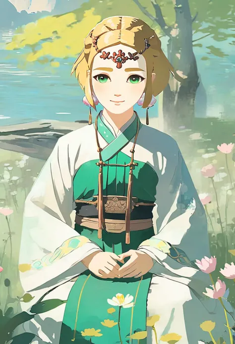 (chinese ink painting:1.9) style of a green eyes girl like totkzelda wearing hanfu Sitting in the middle of the flowers,short blond hair,solo,<lora:xl_totkz:1>,
detailed background, sunny day,smiling,traditional media
