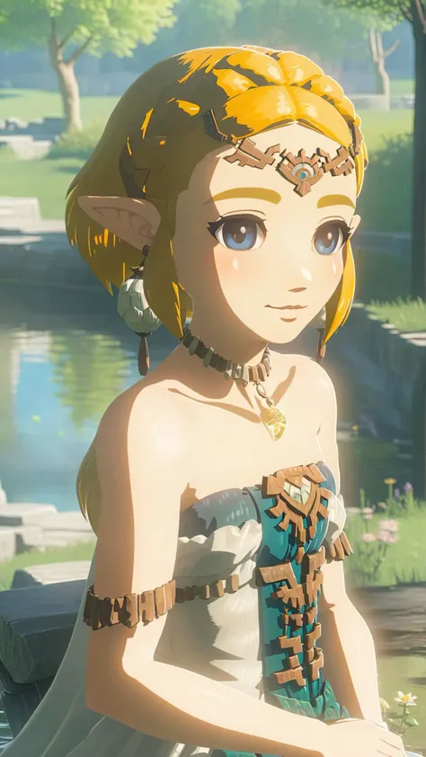 cinematic film still of a cute totkzelda,1girl,detailed wearing organza puffy dress,short hair,bare shoulders,solo,spread deep cleavage,leaning forward,detailed eyes,detailed bond hair,(detailed White skin),(detailed light skin),medium breasts,(sunlight),(soft lighting),(soft pastel colors)(vivid color),(volumetric),detailed background,from above,sunny day,light smile,35mm film,sharp focus,canon f2.8 aperture,<lora:xl_totkz:0.8>,castle,outdoors,tree,pond,cloud,sitting,