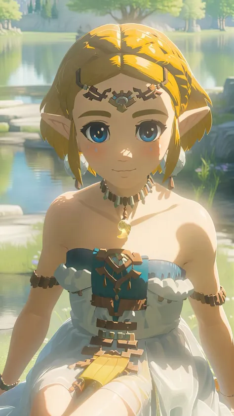 cinematic film still of a cute totkzelda,1girl,detailed wearing organza puffy dress,short hair,bare shoulders,solo,spread deep cleavage,leaning forward,detailed eyes,detailed bond hair,(detailed White skin),(detailed light skin),medium breasts,(sunlight),(soft lighting),(soft pastel colors)(vivid color),(volumetric),detailed background,from above,sunny day,light smile,35mm film,sharp focus,canon f2.8 aperture,<lora:xl_totkz:0.8>,castle,outdoors,tree,pond,cloud,sitting,