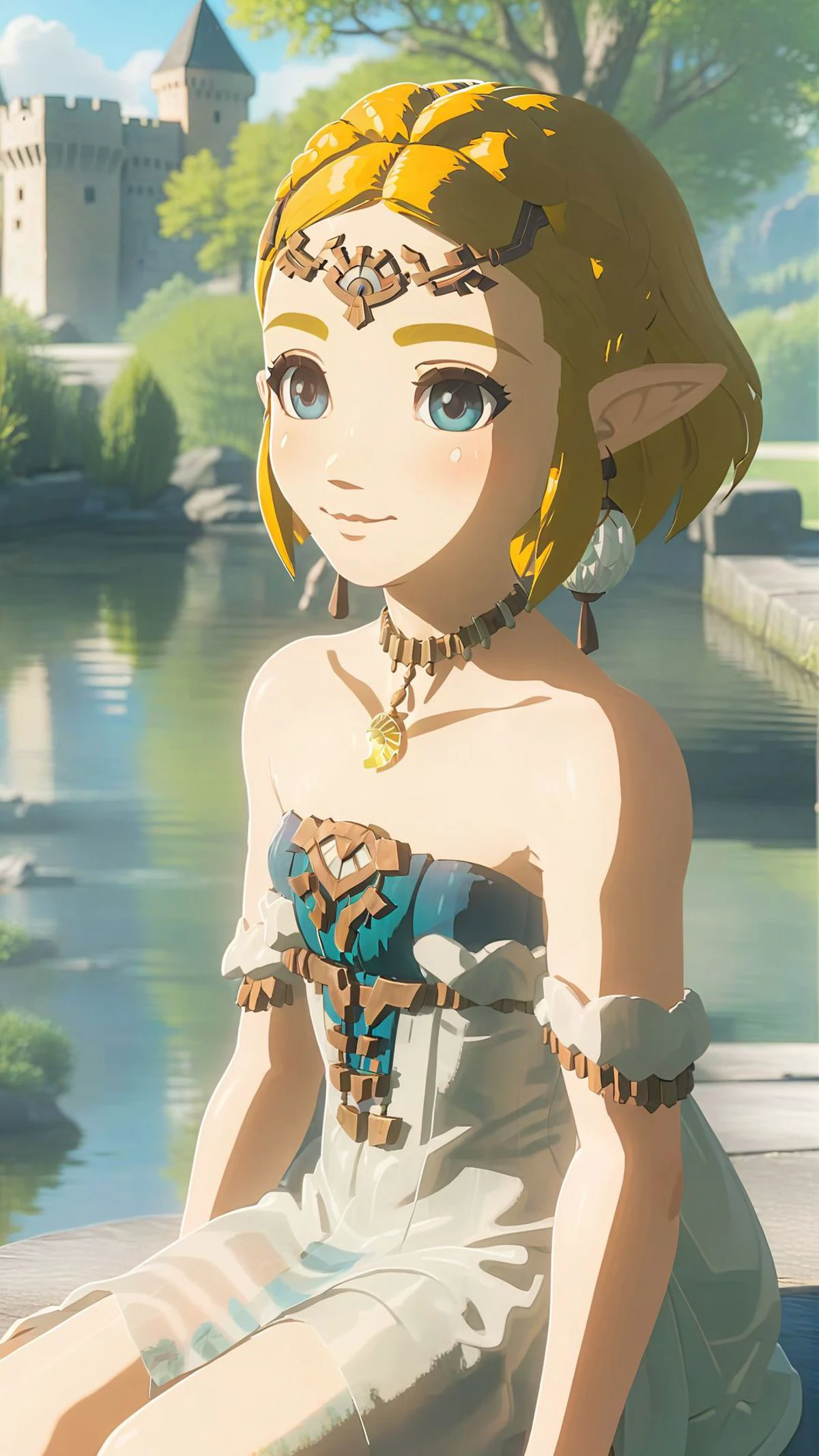 cinematic film still of a cute totkzelda,1girl,detailed wearing organza puffy dress,short hair,bare shoulders,solo,spread deep cleavage,leaning forward,detailed eyes,detailed bond hair,(detailed White skin),(detailed light skin),medium breasts,(sunlight),(soft lighting),(soft pastel colors)(vivid color),(volumetric),detailed background,from above,sunny day,light smile,35mm film,sharp focus,canon f2.8 aperture,<lora:xl_totkz:0.8>,castle,outdoors,tree,pond,cloud,sitting,