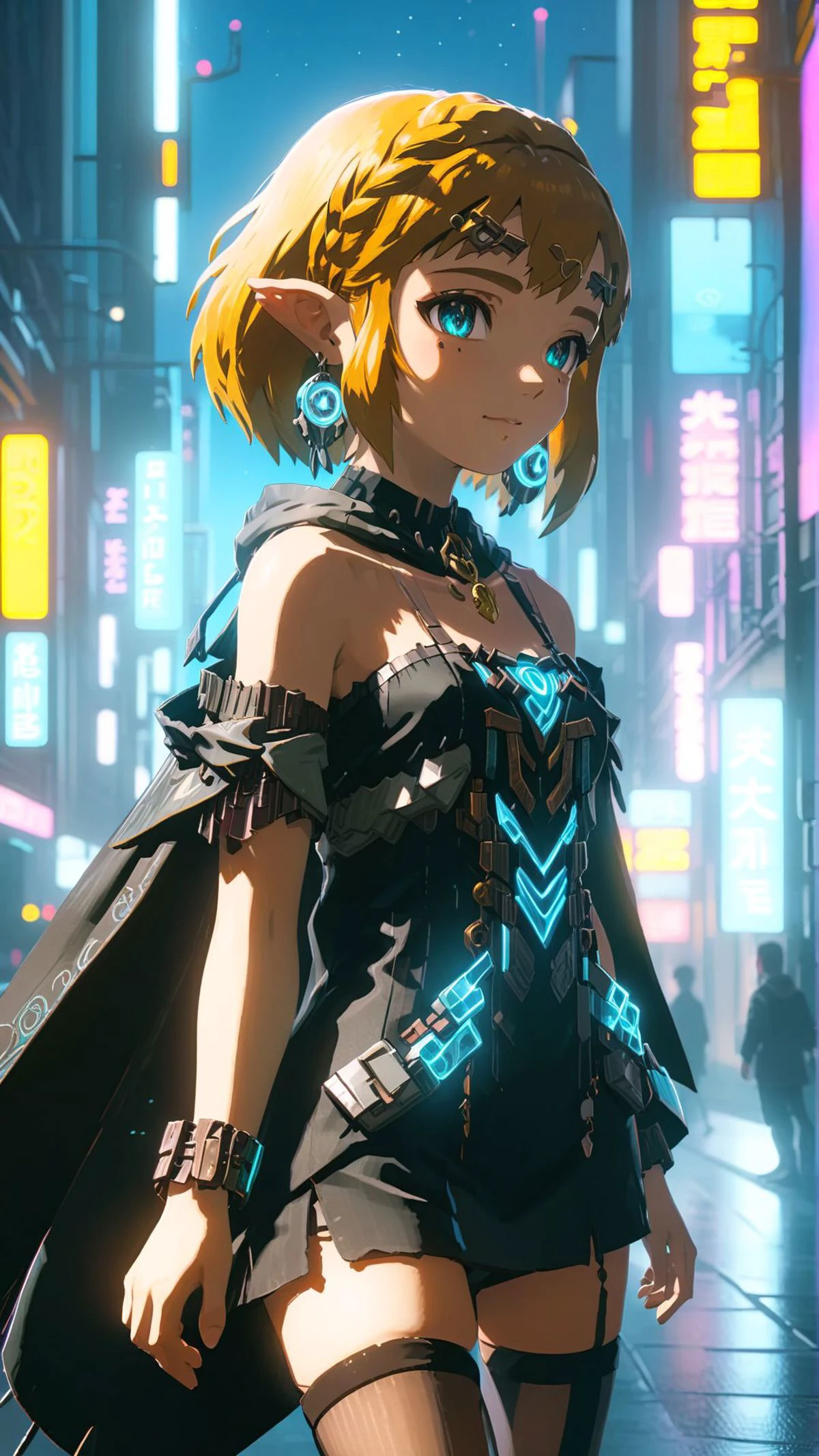 earrings,choker,collarbone,full body,solo,1girl,highres,high quality,masterpiece,many details,outdoors,groin,sky,cloudy,illustration,open stance,breasts,tight,city,street,18yr old girl,night,city lights,cyberpunk tokyo \(city\),kind_smile,medium_shot,(thighhighs:0.9),detached sleeves,<lora:CyberPunkAIp>,(cyberpukai),holographic interface,hologram,mechanical parts,hooded_cloak,glowing hair,<lora:xl_totkz:0.7>,totkzelda,zonai dress,short hair,bare shoulders,