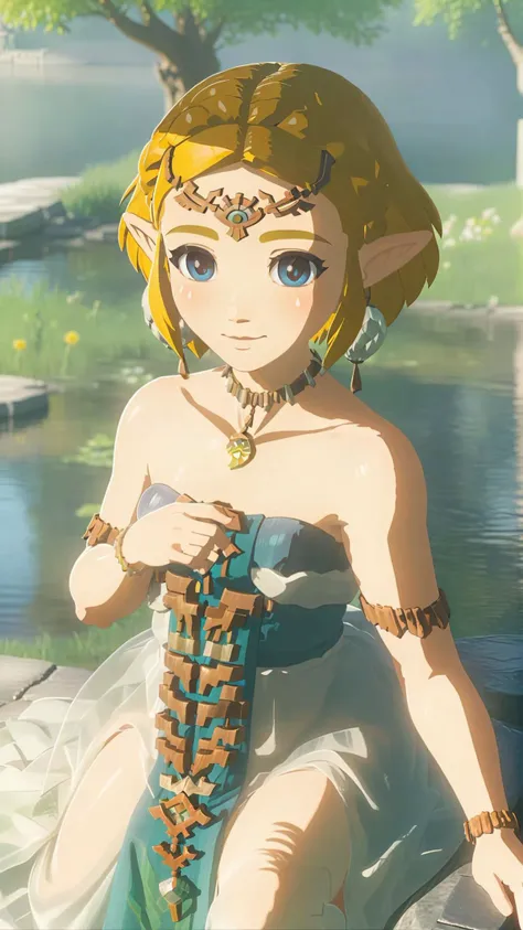 cinematic film still of a cute totkzelda,1girl,detailed wearing organza puffy dress,short hair,bare shoulders,solo,spread deep cleavage,leaning forward,detailed eyes,detailed bond hair,(detailed White skin),(detailed light skin),medium breasts,(sunlight),(soft lighting),(soft pastel colors)(vivid color),(volumetric),detailed background,from above,sunny day,light smile,35mm film,sharp focus,canon f2.8 aperture,<lora:xl_totkz:0.8>,castle,outdoors,tree,pond,cloud,sitting,