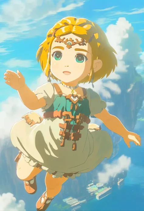 anime artwork ,studio ghibli style cartoon of a (infant:1.5) girl like totkzelda wearing zonai dress floating in the air,1 years old, from above, white clouds,short blond hair,hold out a hand,fog,solo,<lora:xl_totkz:1>,(full body:1.5),falling down,
detailed background, sunny day, octane render, highly detailed, volumetric, dramatic lighting <lora:ghibli_last:0.5> . anime style, key visual, vibrant, studio anime, highly detailed