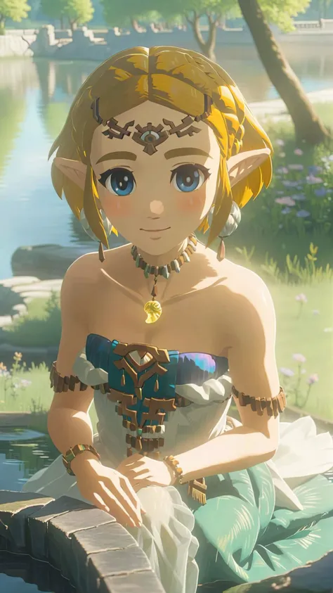 cinematic film still of a cute totkzelda,1girl,detailed wearing organza puffy dress,short hair,bare shoulders,solo,spread deep cleavage,leaning forward,detailed eyes,detailed bond hair,(detailed White skin),(detailed light skin),medium breasts,(sunlight),(soft lighting),(soft pastel colors)(vivid color),(volumetric),detailed background,from above,sunny day,light smile,35mm film,sharp focus,canon f2.8 aperture,<lora:xl_totkz:0.8>,castle,outdoors,tree,pond,cloud,sitting,