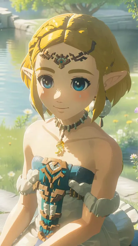 cinematic film still of a cute totkzelda,1girl,detailed wearing organza puffy dress,short hair,bare shoulders,solo,spread deep cleavage,leaning forward,detailed eyes,detailed bond hair,(detailed White skin),(detailed light skin),medium breasts,(sunlight),(soft lighting),(soft pastel colors)(vivid color),(volumetric),detailed background,from above,sunny day,light smile,35mm film,sharp focus,canon f2.8 aperture,<lora:xl_totkz:0.8>,castle,outdoors,tree,pond,cloud,sitting,