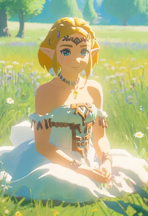 cinematic film still of a cute totkzelda,1girl,detailed wearing organza puffy dress,
 short hair, bare shoulders, solo,leaning forward,
detailed eyes,detailed bond hair, (detailed White skin),(detailed light skin), Big breasts, (sunlight),(soft lighting),(soft pastel colors)(vivid color),(volumetric), 
detailed background,Sit on the grass,sunny day,Smirking,
35mm film, sharp focus, canon f2.8 aperture,  <lora:xl_totkz:0.75>