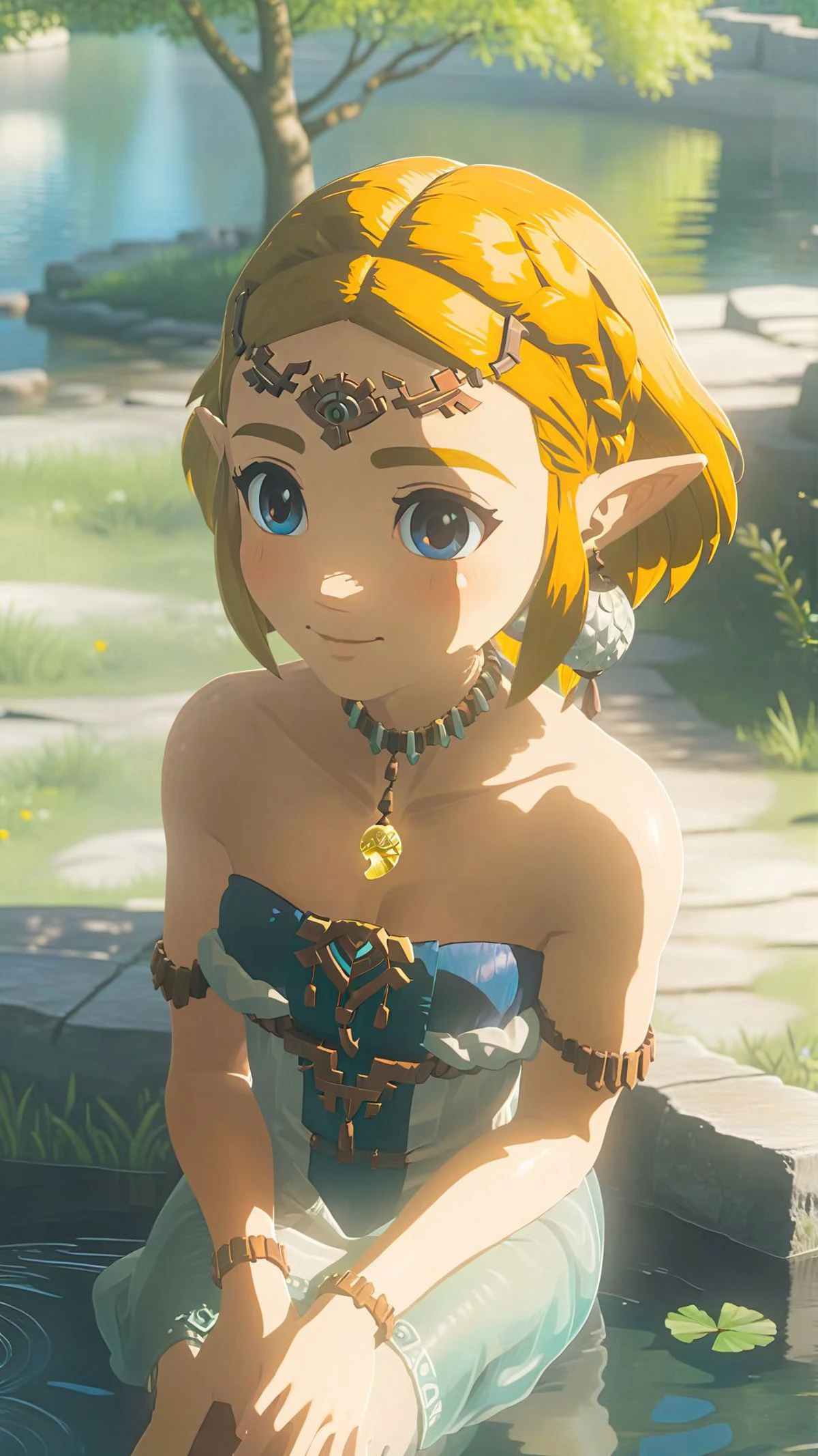 cinematic film still of a cute totkzelda,1girl,detailed wearing organza puffy dress,short hair,bare shoulders,solo,spread deep cleavage,leaning forward,detailed eyes,detailed bond hair,(detailed White skin),(detailed light skin),medium breasts,(sunlight),(soft lighting),(soft pastel colors)(vivid color),(volumetric),detailed background,from above,sunny day,light smile,35mm film,sharp focus,canon f2.8 aperture,<lora:xl_totkz:0.8>,castle,outdoors,tree,pond,cloud,sitting,