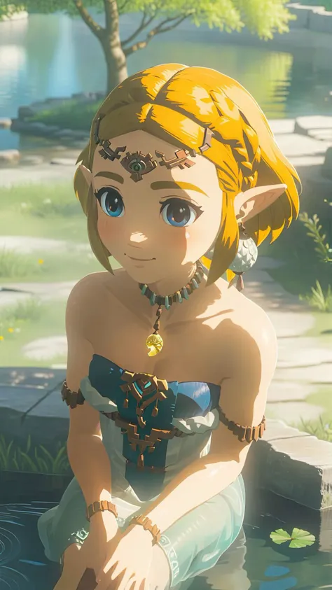 cinematic film still of a cute totkzelda,1girl,detailed wearing organza puffy dress,short hair,bare shoulders,solo,spread deep cleavage,leaning forward,detailed eyes,detailed bond hair,(detailed White skin),(detailed light skin),medium breasts,(sunlight),(soft lighting),(soft pastel colors)(vivid color),(volumetric),detailed background,from above,sunny day,light smile,35mm film,sharp focus,canon f2.8 aperture,<lora:xl_totkz:0.8>,castle,outdoors,tree,pond,cloud,sitting,