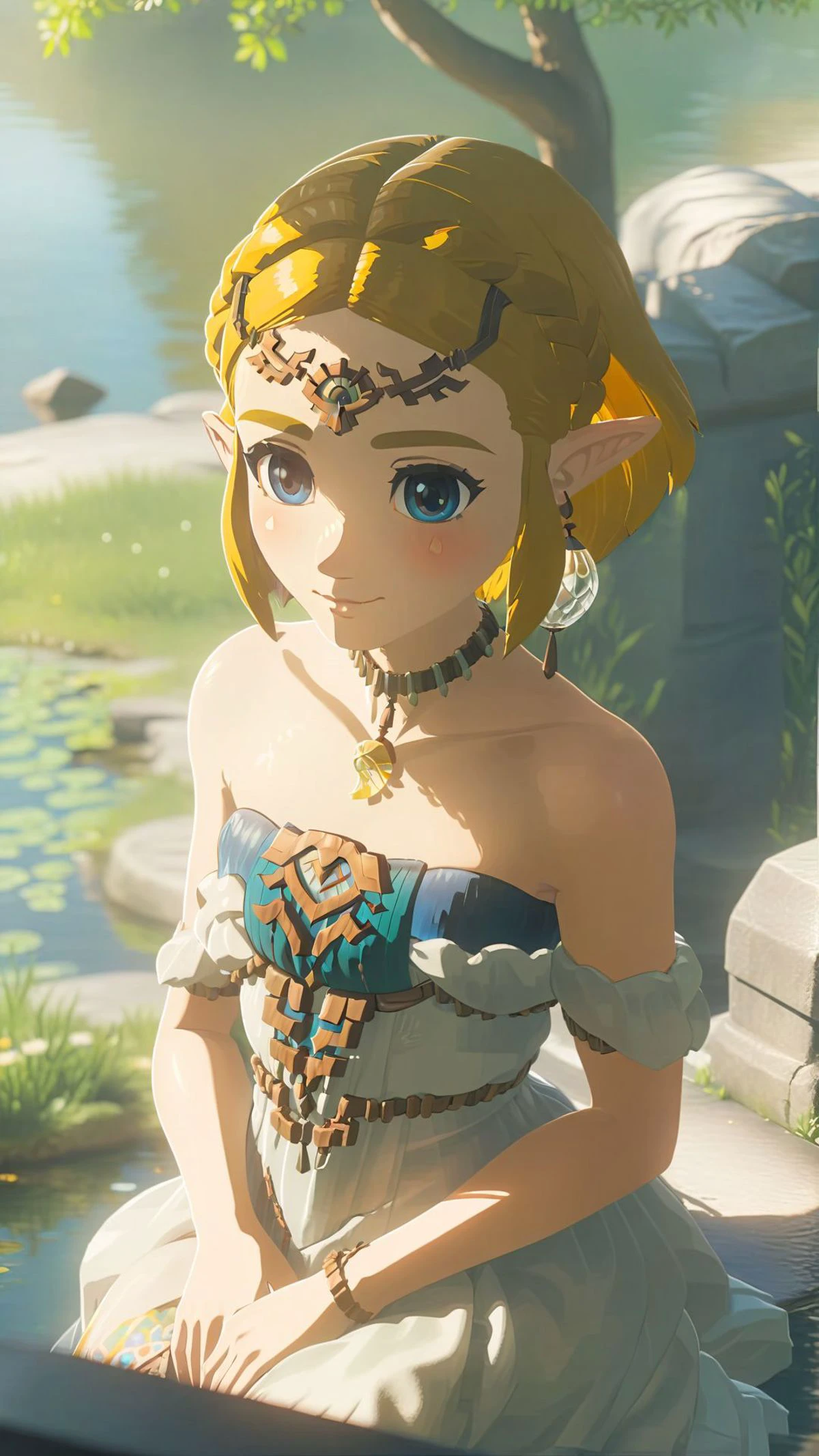 cinematic film still of a cute totkzelda,1girl,detailed wearing organza puffy dress,short hair,bare shoulders,solo,spread deep cleavage,leaning forward,detailed eyes,detailed bond hair,(detailed White skin),(detailed light skin),medium breasts,(sunlight),(soft lighting),(soft pastel colors)(vivid color),(volumetric),detailed background,from above,sunny day,light smile,35mm film,sharp focus,canon f2.8 aperture,<lora:xl_totkz:0.8>,castle,outdoors,tree,pond,cloud,sitting,