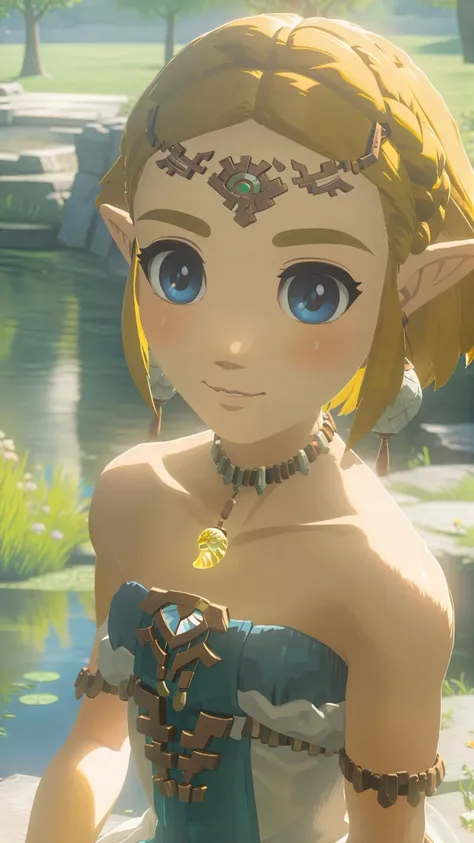 cinematic film still of a cute totkzelda,1girl,detailed wearing organza puffy dress,short hair,bare shoulders,solo,spread deep cleavage,leaning forward,detailed eyes,detailed bond hair,(detailed White skin),(detailed light skin),medium breasts,(sunlight),(soft lighting),(soft pastel colors)(vivid color),(volumetric),detailed background,from above,sunny day,light smile,35mm film,sharp focus,canon f2.8 aperture,<lora:xl_totkz:0.8>,castle,outdoors,tree,pond,cloud,sitting,