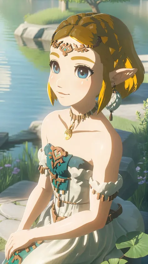 cinematic film still of a cute totkzelda,1girl,detailed wearing organza puffy dress,short hair,bare shoulders,solo,spread deep cleavage,leaning forward,detailed eyes,detailed bond hair,(detailed White skin),(detailed light skin),medium breasts,(sunlight),(soft lighting),(soft pastel colors)(vivid color),(volumetric),detailed background,from above,sunny day,light smile,35mm film,sharp focus,canon f2.8 aperture,<lora:xl_totkz:0.8>,castle,outdoors,tree,pond,cloud,sitting,