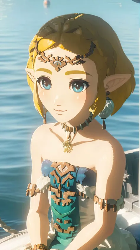 cinematic film still of a cute totkzelda,1girl,detailed wearing organza puffy dress,short hair,bare shoulders,solo,spread deep cleavage,leaning forward,detailed eyes,detailed bond hair,(detailed White skin),(detailed light skin),medium breasts,(sunlight),(soft lighting),(soft pastel colors)(vivid color),(volumetric),detailed background,sitting on boat,from above,sunny day,light smile,35mm film,sharp focus,canon f2.8 aperture,<lora:xl_totkz:0.8>,