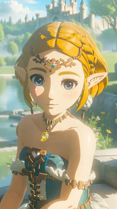 cinematic film still of a cute totkzelda,1girl,detailed wearing organza puffy dress,short hair,bare shoulders,solo,spread deep cleavage,leaning forward,detailed eyes,detailed bond hair,(detailed White skin),(detailed light skin),medium breasts,(sunlight),(soft lighting),(soft pastel colors)(vivid color),(volumetric),detailed background,from above,sunny day,light smile,35mm film,sharp focus,canon f2.8 aperture,<lora:xl_totkz:0.8>,castle,outdoors,tree,pond,cloud,sitting,