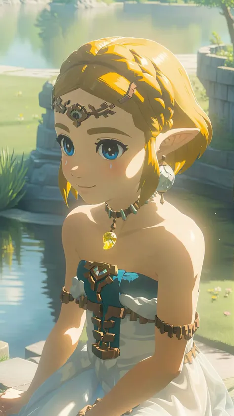 cinematic film still of a cute totkzelda,1girl,detailed wearing organza puffy dress,short hair,bare shoulders,solo,spread deep cleavage,leaning forward,detailed eyes,detailed bond hair,(detailed White skin),(detailed light skin),medium breasts,(sunlight),(soft lighting),(soft pastel colors)(vivid color),(volumetric),detailed background,from above,sunny day,light smile,35mm film,sharp focus,canon f2.8 aperture,<lora:xl_totkz:0.8>,castle,outdoors,tree,pond,cloud,sitting,