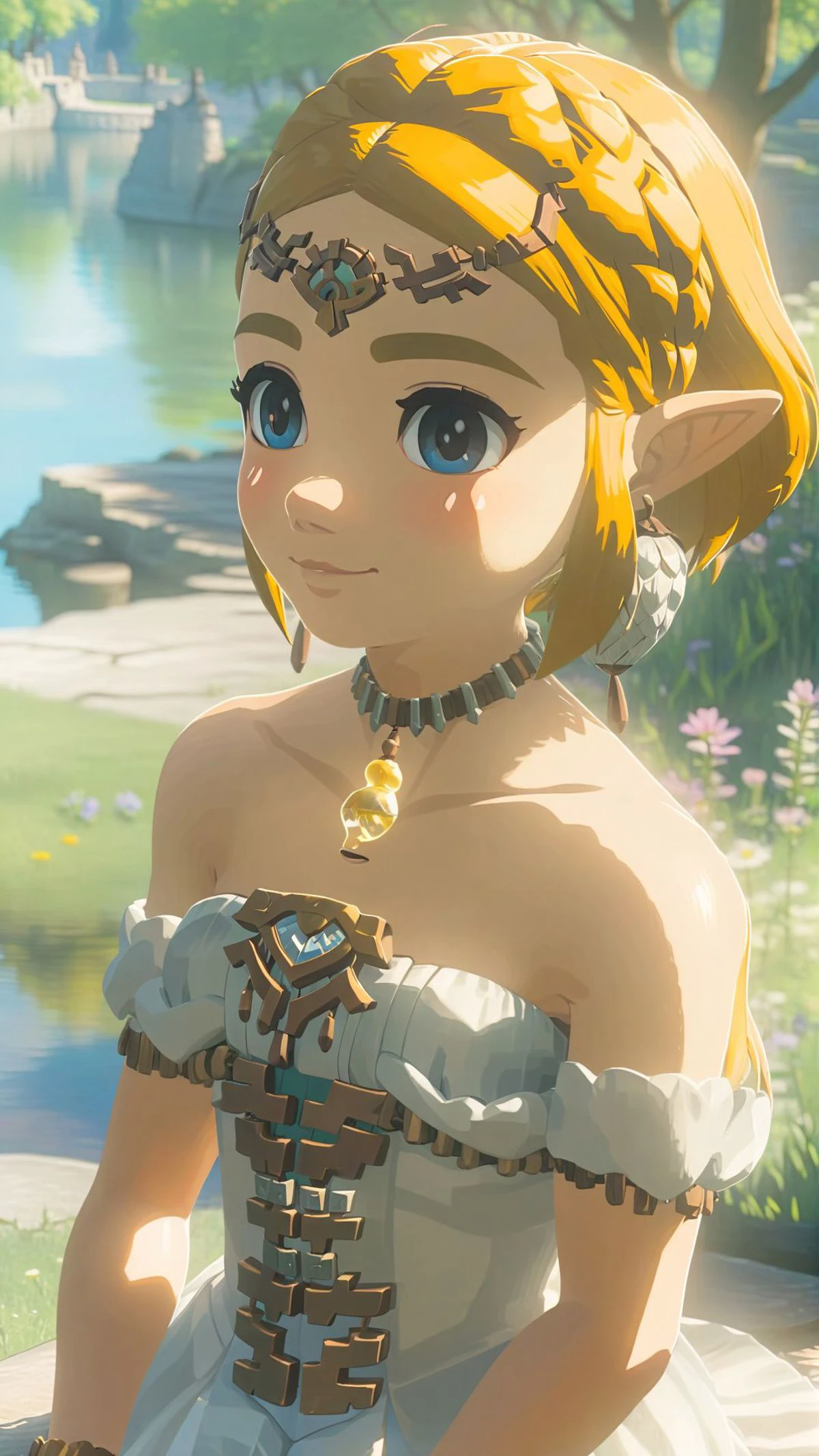 cinematic film still of a cute totkzelda,1girl,detailed wearing organza puffy dress,short hair,bare shoulders,solo,spread deep cleavage,leaning forward,detailed eyes,detailed bond hair,(detailed White skin),(detailed light skin),medium breasts,(sunlight),(soft lighting),(soft pastel colors)(vivid color),(volumetric),detailed background,from above,sunny day,light smile,35mm film,sharp focus,canon f2.8 aperture,<lora:xl_totkz:0.8>,castle,outdoors,tree,pond,cloud,sitting,