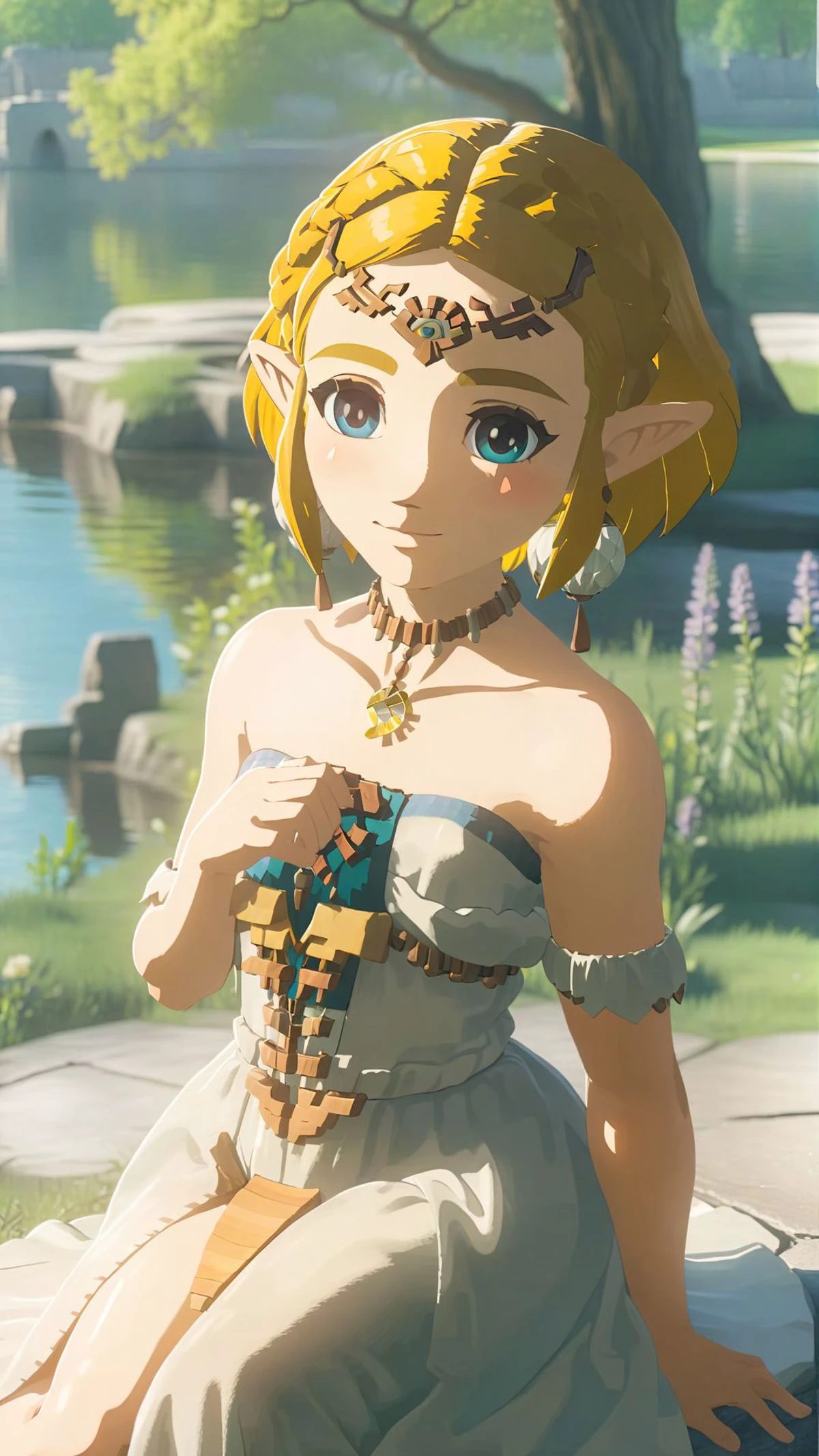 cinematic film still of a cute totkzelda,1girl,detailed wearing organza puffy dress,short hair,bare shoulders,solo,spread deep cleavage,leaning forward,detailed eyes,detailed bond hair,(detailed White skin),(detailed light skin),medium breasts,(sunlight),(soft lighting),(soft pastel colors)(vivid color),(volumetric),detailed background,from above,sunny day,light smile,35mm film,sharp focus,canon f2.8 aperture,<lora:xl_totkz:0.8>,castle,outdoors,tree,pond,cloud,sitting,