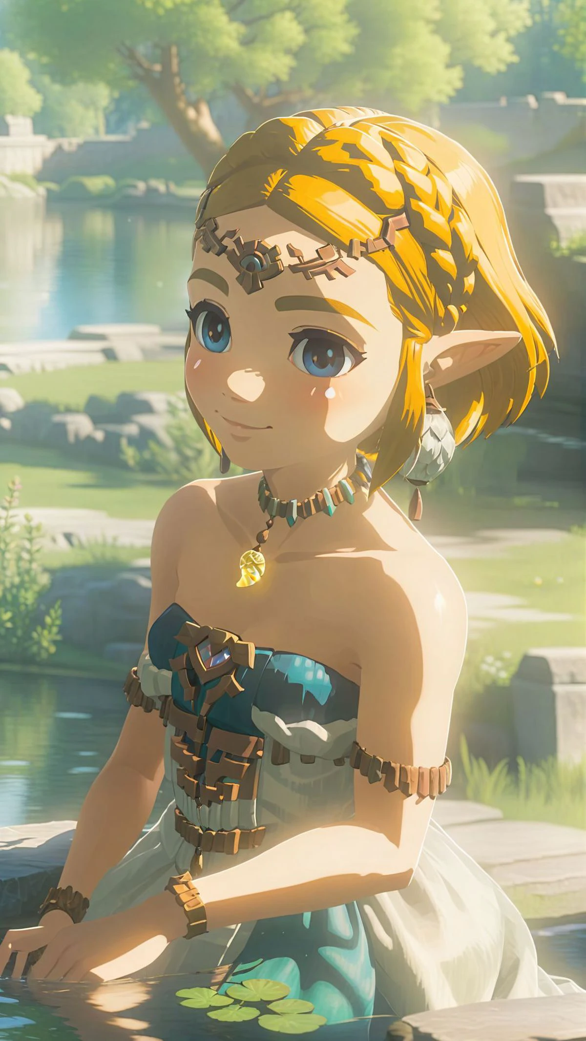 cinematic film still of a cute totkzelda,1girl,detailed wearing organza puffy dress,short hair,bare shoulders,solo,spread deep cleavage,leaning forward,detailed eyes,detailed bond hair,(detailed White skin),(detailed light skin),medium breasts,(sunlight),(soft lighting),(soft pastel colors)(vivid color),(volumetric),detailed background,from above,sunny day,light smile,35mm film,sharp focus,canon f2.8 aperture,<lora:xl_totkz:0.8>,castle,outdoors,tree,pond,cloud,sitting,