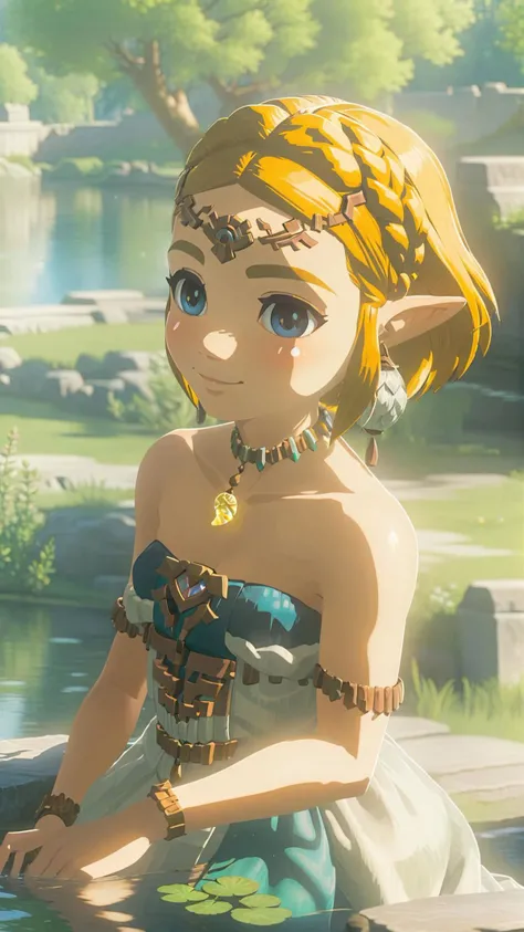 cinematic film still of a cute totkzelda,1girl,detailed wearing organza puffy dress,short hair,bare shoulders,solo,spread deep cleavage,leaning forward,detailed eyes,detailed bond hair,(detailed White skin),(detailed light skin),medium breasts,(sunlight),(soft lighting),(soft pastel colors)(vivid color),(volumetric),detailed background,from above,sunny day,light smile,35mm film,sharp focus,canon f2.8 aperture,<lora:xl_totkz:0.8>,castle,outdoors,tree,pond,cloud,sitting,