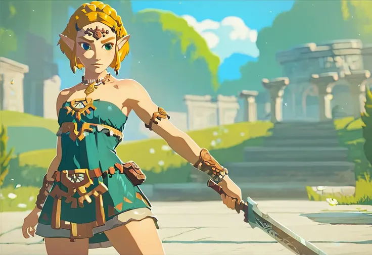 1girl like totkzelda,in zonai dress with bare shoulders, score_9, score_8_up, score_7_up, short hair,flat chest, <lora:pony_totkz-000040:0.85>, fighting