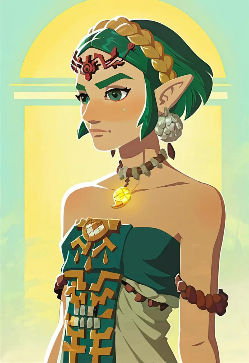 1girl like totkzelda,in zonai dress with bare shoulders, score_9, score_8_up, score_7_up, short hair,flat chest, <lora:pony_totkz-000040:0.85>, A chilling portrayal of an extremely detailed and intricate evil haunting paper origami and paper quilling creation, ultra-detailed digital art, inspired by the dark, grim aesthetics of horror films, tim burton, mark Ryden, frazetta, an intricate origami creation, its nefarious features rendered with chilling accuracy, the soft, ambient light of a neon but gloomy dusk with evil irecedesent, a palette of dark, vibrant neon colors,