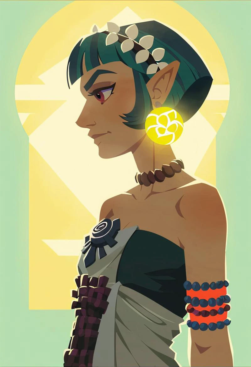 1girl like totkzelda,in zonai dress with bare shoulders, score_9, score_8_up, score_7_up, short hair,flat chest, <lora:pony_totkz-000040:0.75>, A chilling portrayal of an extremely detailed and intricate evil haunting paper origami and paper quilling creation, ultra-detailed digital art, inspired by the dark, grim aesthetics of horror films, tim burton, mark Ryden, frazetta, an intricate origami creation, its nefarious features rendered with chilling accuracy, the soft, ambient light of a neon but gloomy dusk with evil irecedesent, a palette of dark, vibrant neon colors,