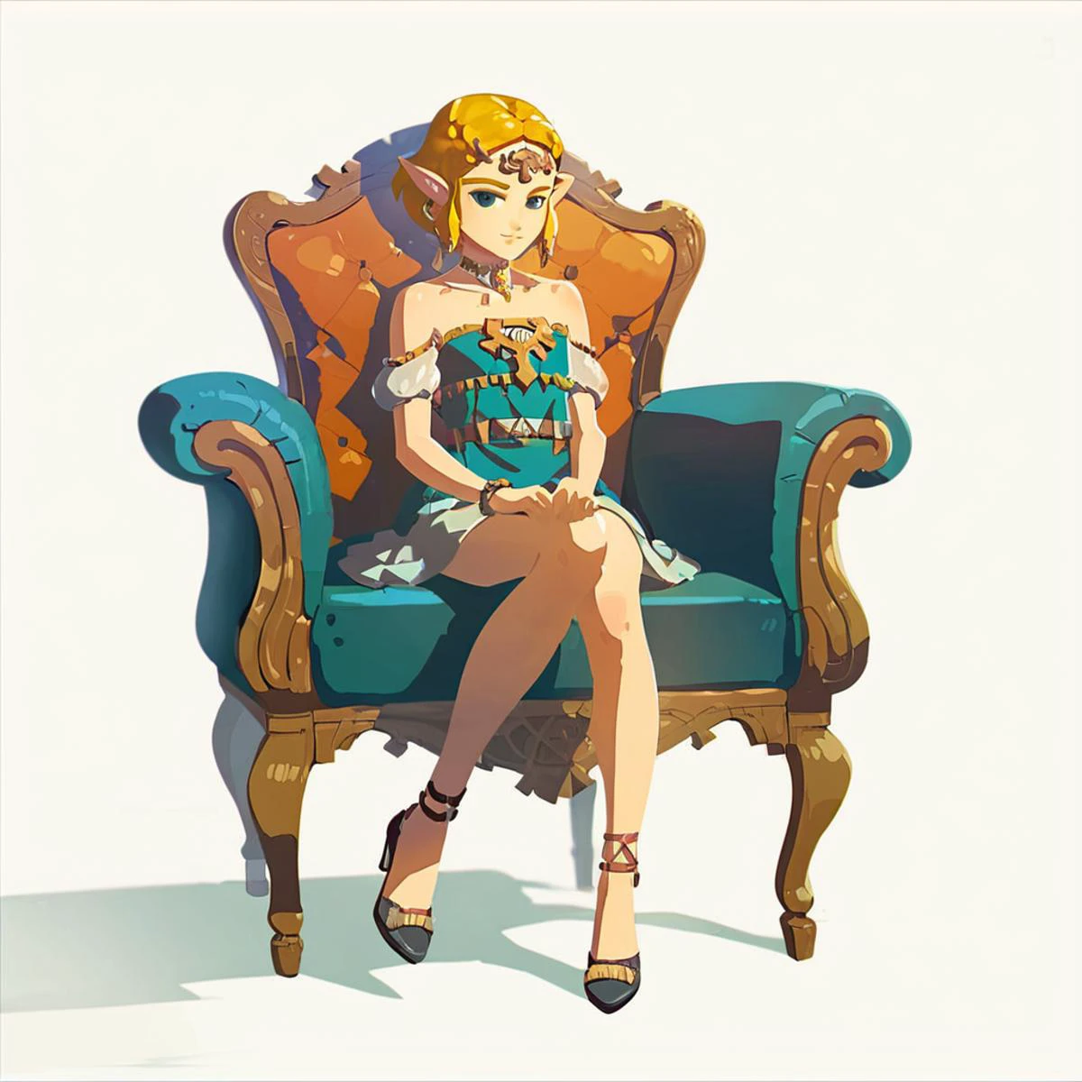 1girl like totkzelda,in zonai dress with bare shoulders, score_9, score_8_up, score_7_up, short hair,flat chest, <lora:pony_totkz-000040:0.9>, sitting on an armchair, wearing high heels and blouse, anime style, white background, full body shot, digital art, Artstation