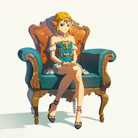 1girl like totkzelda,in zonai dress with bare shoulders, score_9, score_8_up, score_7_up, short hair,flat chest, <lora:pony_totkz-000040:0.9>, sitting on an armchair, wearing high heels and blouse, anime style, white background, full body shot, digital art, Artstation