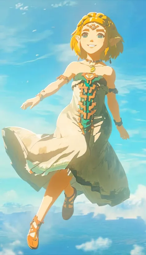 anime photo of a girl like totkzelda wearing bare shoulder zonai dress floating in the air, floating clouds,short blond hair,solo,<lora:xl_totkz:0.95>,(full body:1.5),
detailed background, sunny day,smiling, octane render, highly detailed, volumetric, dramatic lighting